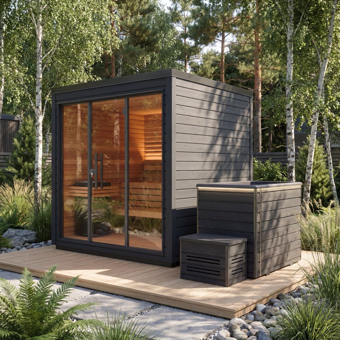 Garden sauna with ice bath on a wooden deck among birch trees